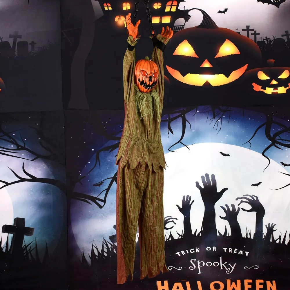 Fantasma di zucca sospeso per Halloween con catena, occhi luminosi e suono horror, accessorio per casa infestata - 8