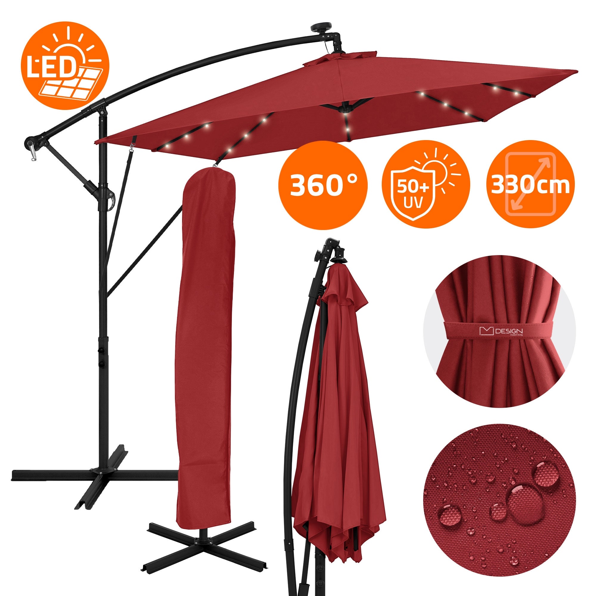 ML-Design parasol ogrodowy ø330cm led solar czerwony aluminiowy z korbką uv50+ wodoodporny obrotowy 360° markiza przeciwsłoneczna taras ogród balkon