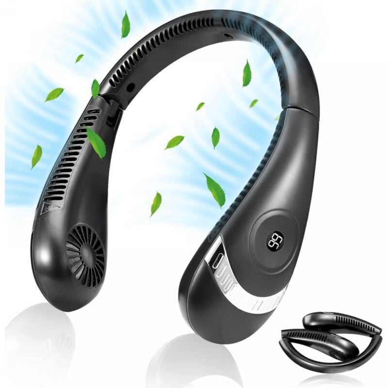 Przenośny wentylator na szyję - wentylator na szyję USB, akumulator 5000 mAh, składany wentylator na szyję ze słuchawkami i wyświetlaczem LED