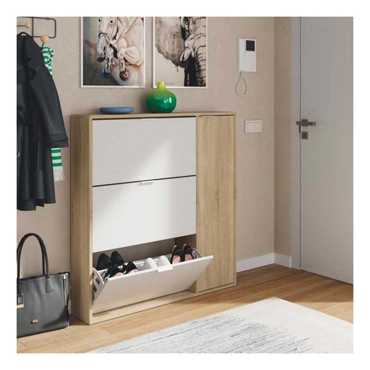 Meuble à Chaussures avec 3 abattants et 1 porte chêne canadien / blanc artic -Hauteur 115 x Longueur 106 x Profondeur 22 cm - 2