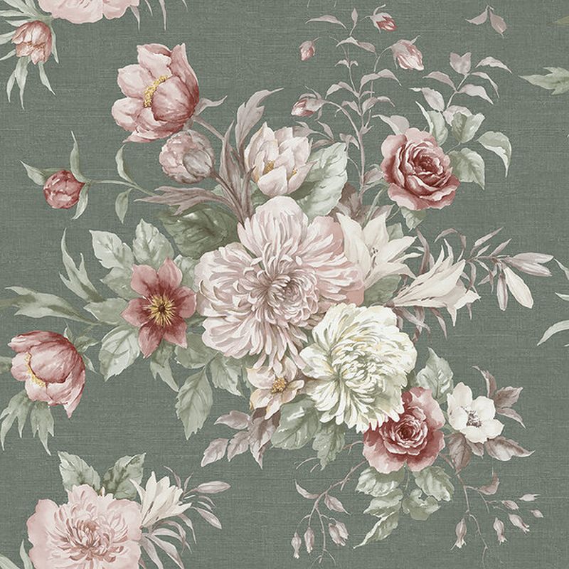 Papel pintado ramo de flores verde grisáceo - 53 cm x 10.05 m - borastapeter