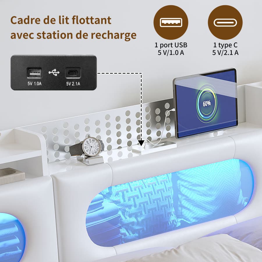 Struttura letto 140*200mm, testiera con luce LED, design silenzioso, facile da montare, PU bianco. - 6