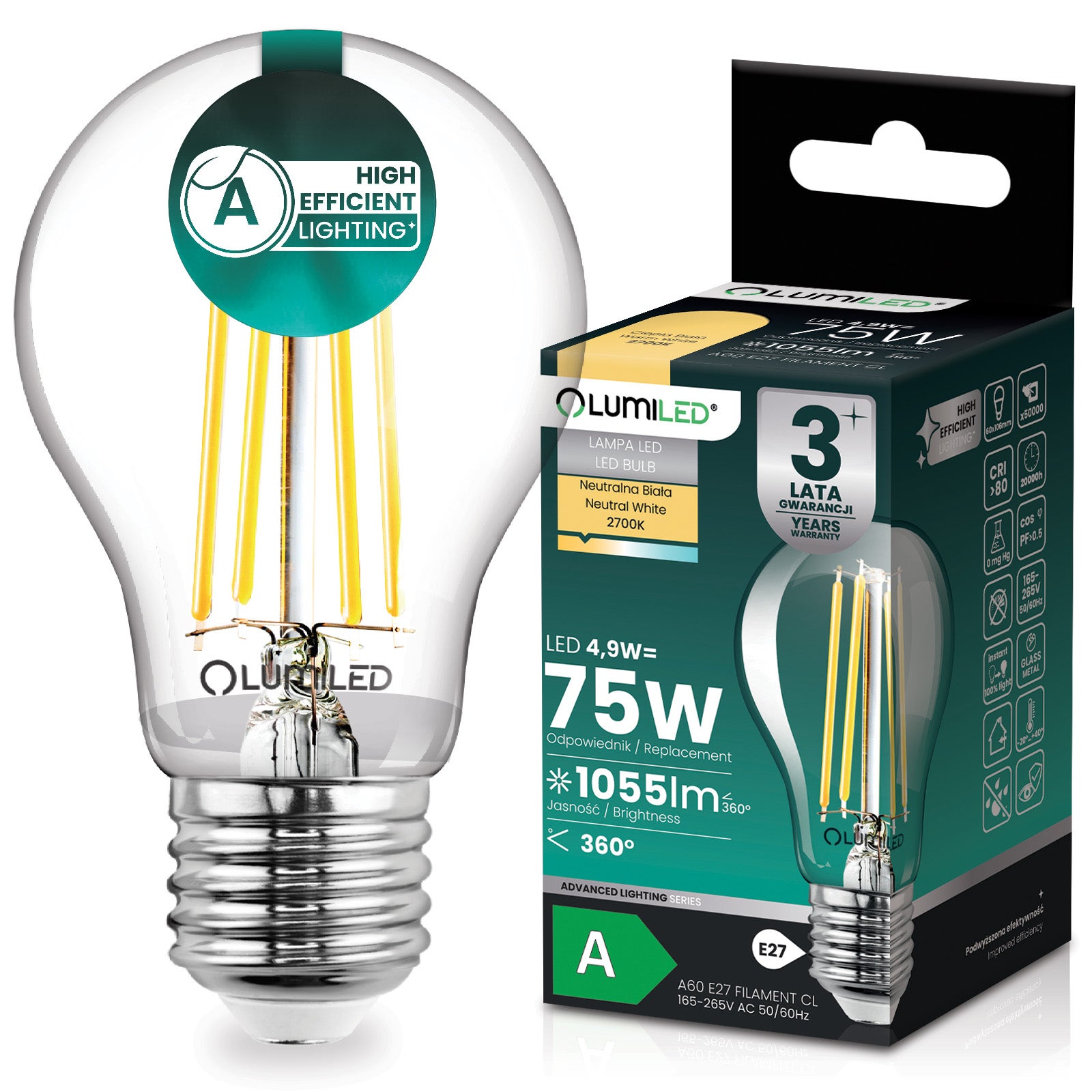 Żarówka LED Lumiled E27 A60 4.9W 1055lm 2700K Ciepła biel 360st Filament Klasa A 1 szt.