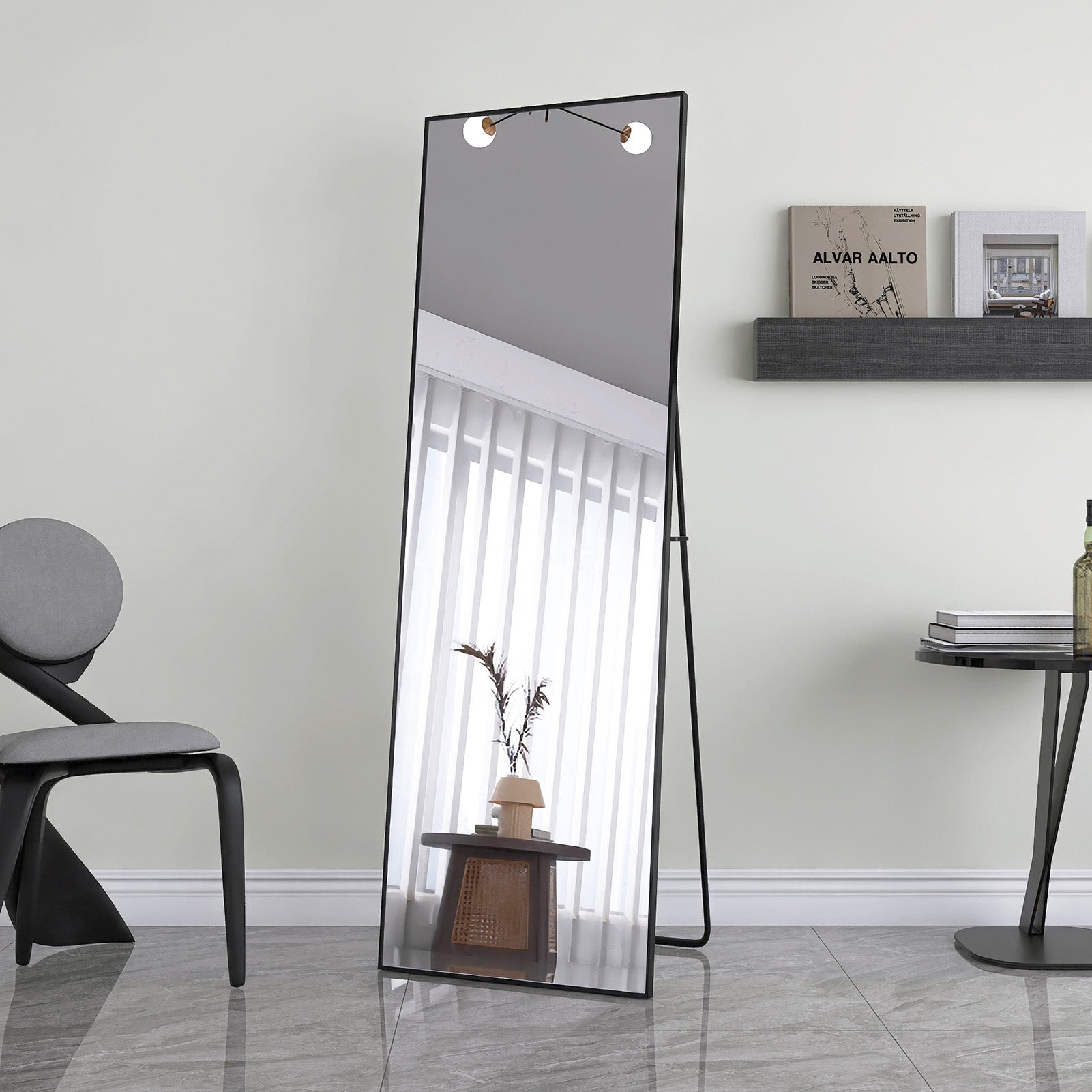 Miroir rectangulaire aluminium noir l.165 x H.60 cm - Miroir Pleine Longueur - Grand Miroir sur Pied/Mural - Penché ou Suspendu - Noir - 6