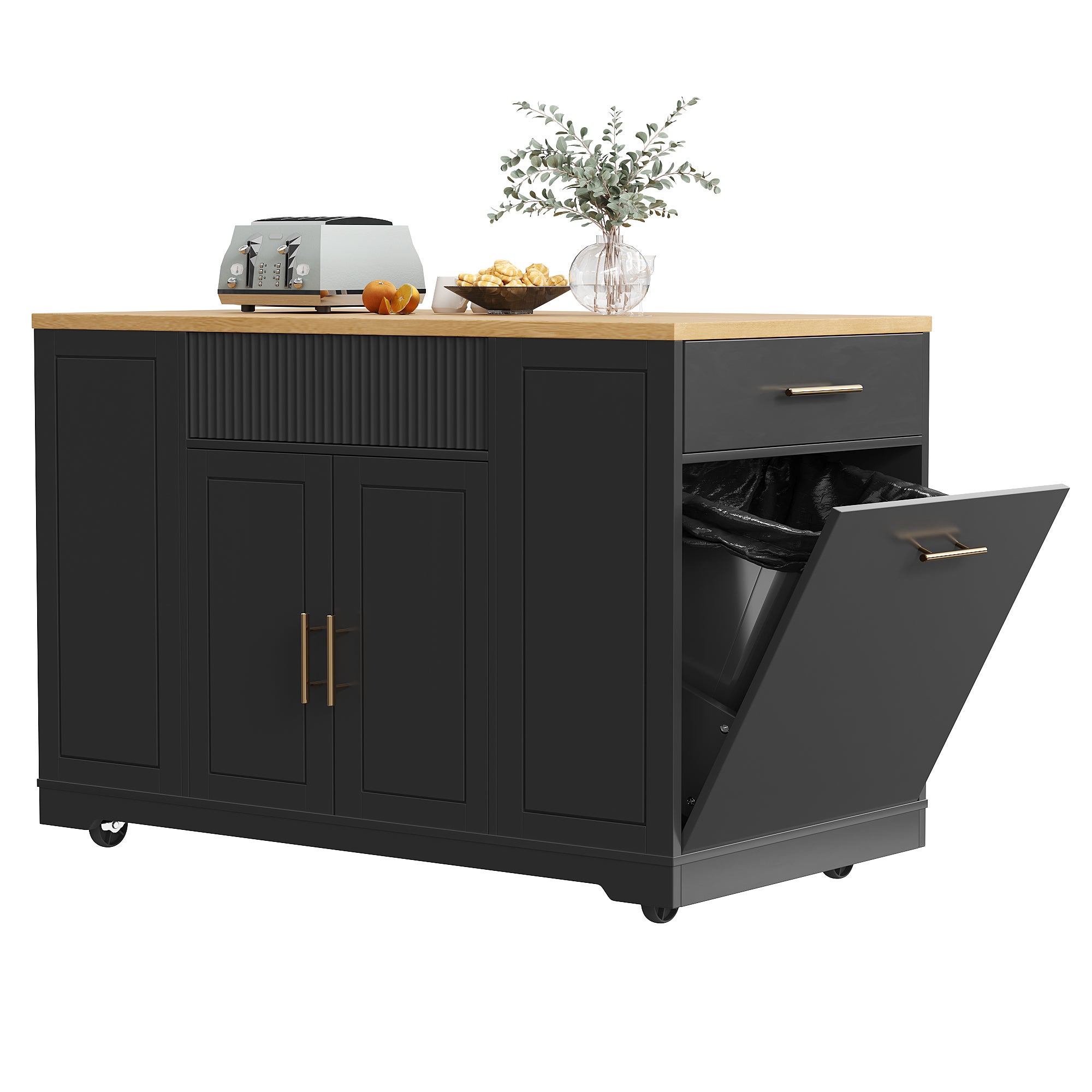 Îlot central de cuisine mobile avec 2 portes, 3 tiroirs et compartiment poubelle - 120 x 50 x 92 cm - MDF + Métal - Noir - 8