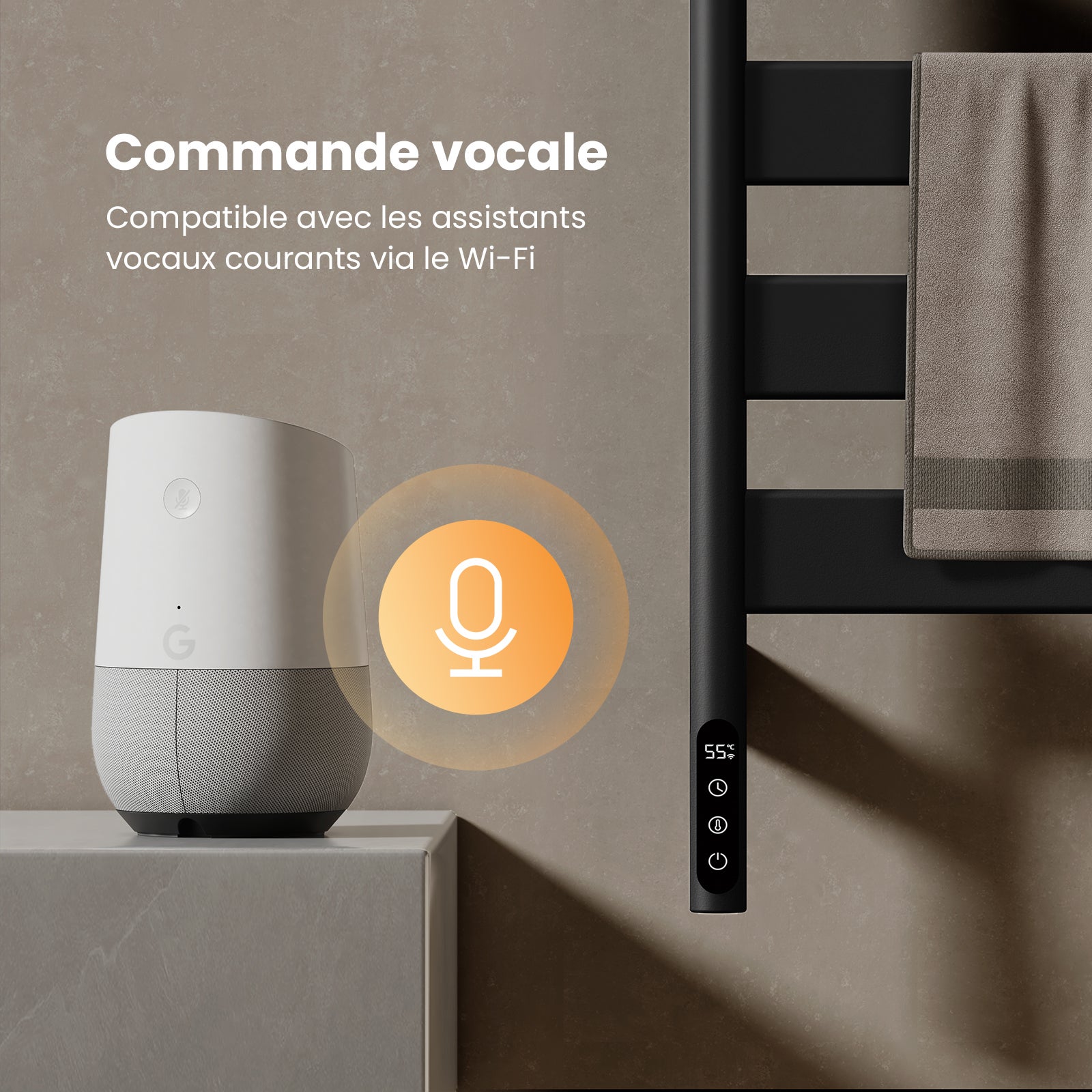 EMKE Sèche-serviettes Électrique Pivotant 180° avec Étagère - WiFi & Vocal - 76 x 45 cm, 120 W, Noir Mat - 3