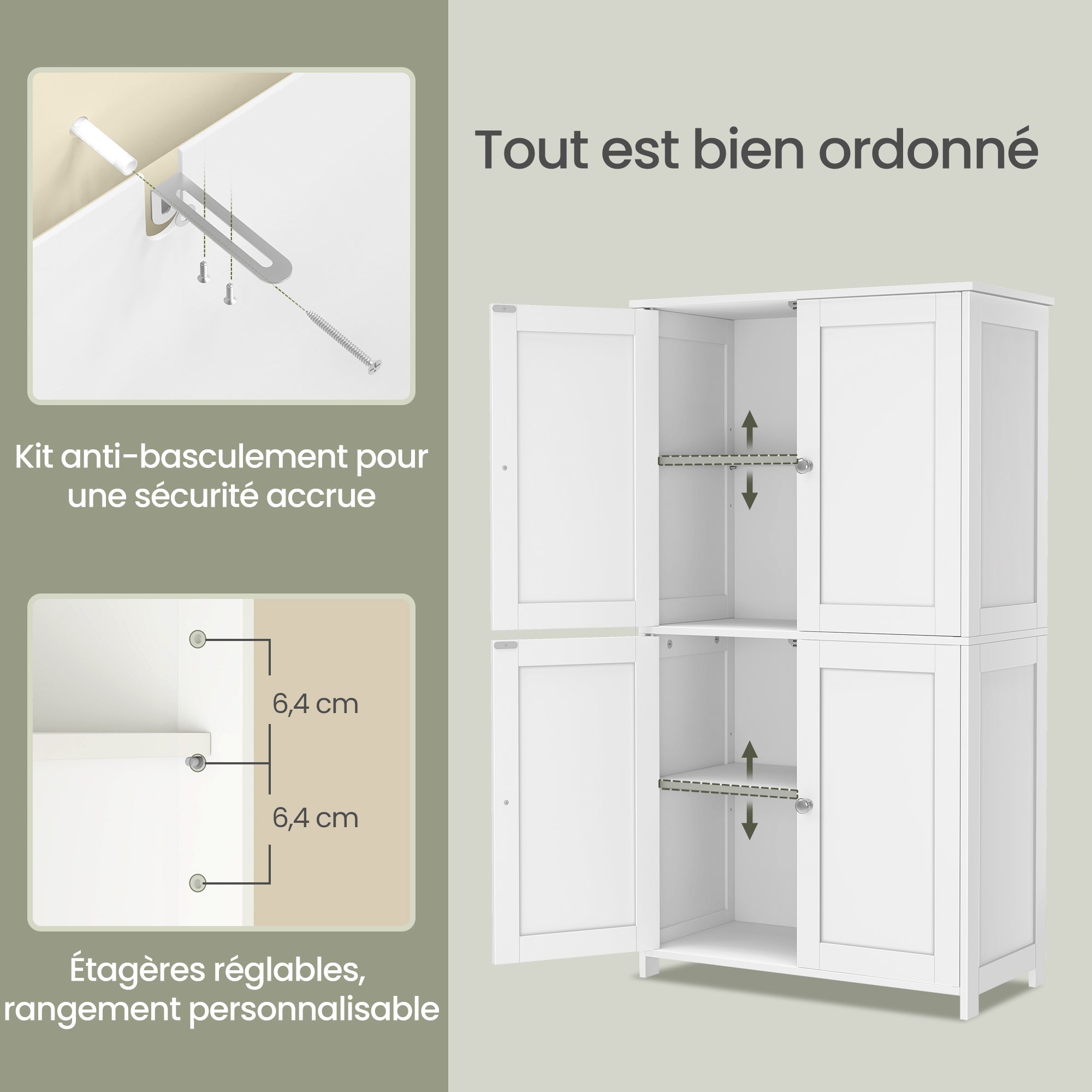 Armoire Haute de Rangement, Meuble de Cuisine avec 4 Portes, 2 Étagères Réglables, Style Shaker, Blanc - 4