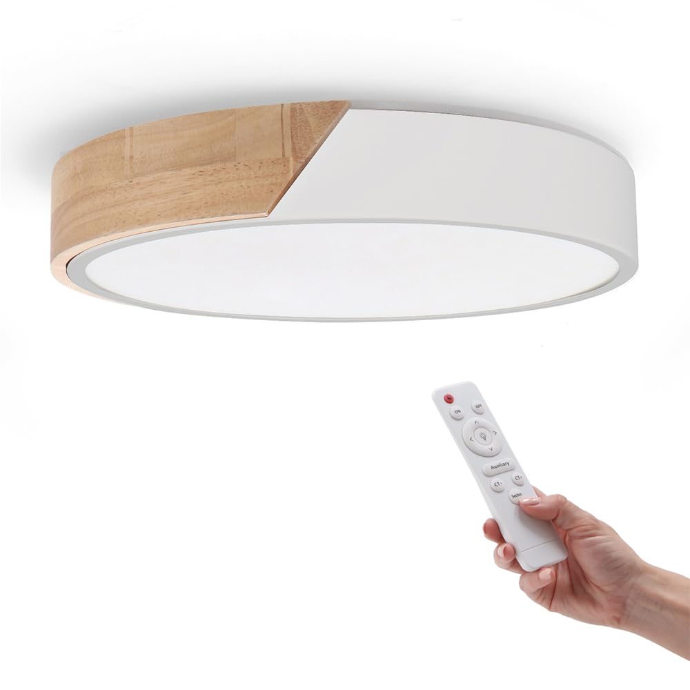 Leroy Merlin Plafón Led Redondo 24W Con Mando A Distancia, Ajustable 2700K-6500K, Intensidad 2400Lm, Diseño Con Madera Natural Para Baño Y Cocina Blanco 