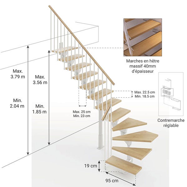 Vida - Escalier quart tournant (L Forme - 1/4 tournant) - Largeur 95 cm - 12 Marches - 2