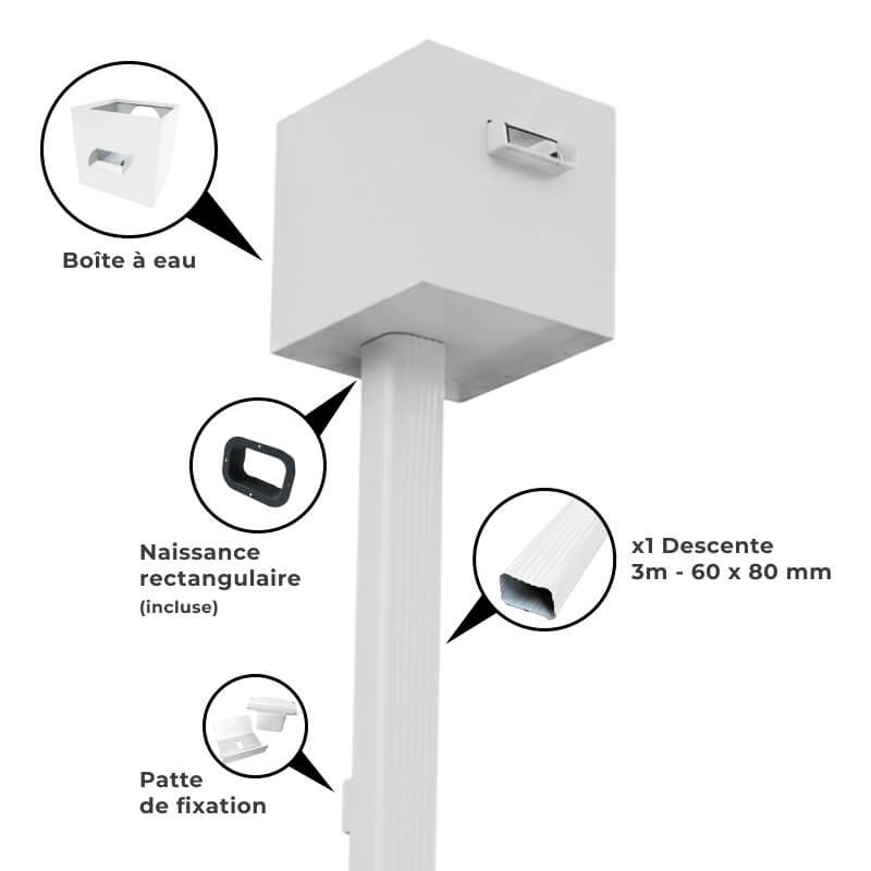 Kit évacuation eaux pluviales aluminium 60×80 mm – boîte à eau + descente 3 m – fixation incluse – maison plain-pied – blanc - 2