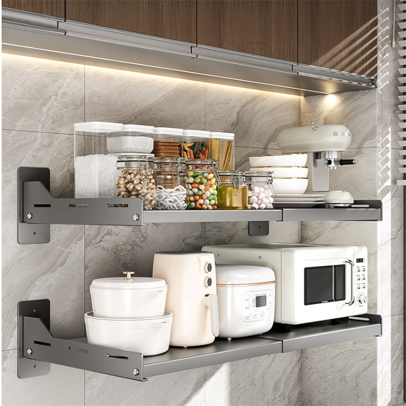 Étagère de Cuisine Extensible pour Micro-Ondes, Support Mural pour Four, Installation Sans Perçage, 36.5-60×34×15.7cm, Gris - 4