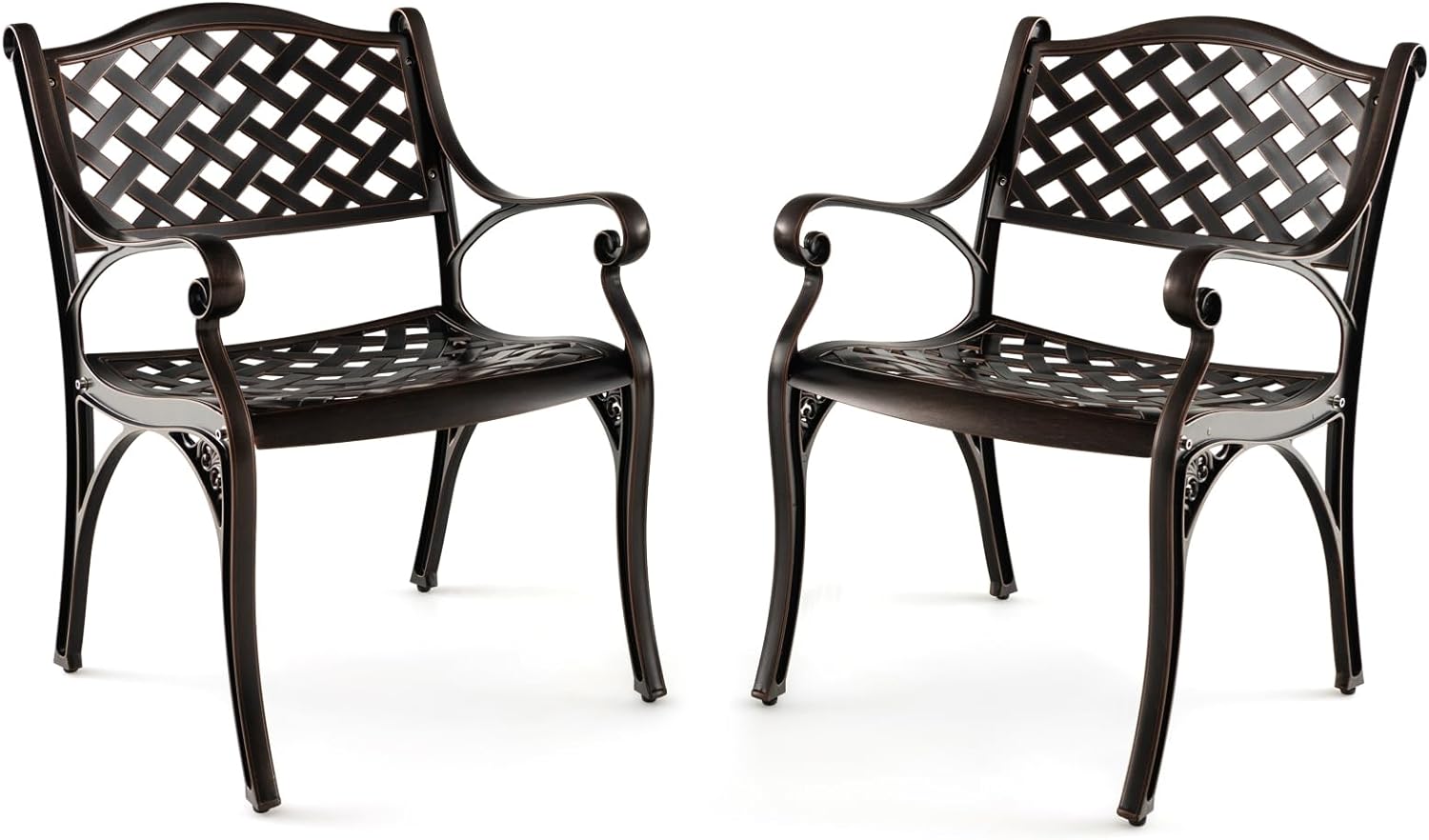 Zestaw 2 Krzeseł Ogrodowych z Odlewu Aluminiowego, Zakrzywione Siedziska, Krzesła Ogrodowe, Nośność 150 kg (Brązowe, 2 * 60 x 56,5 x 82 – Krzyżowe)