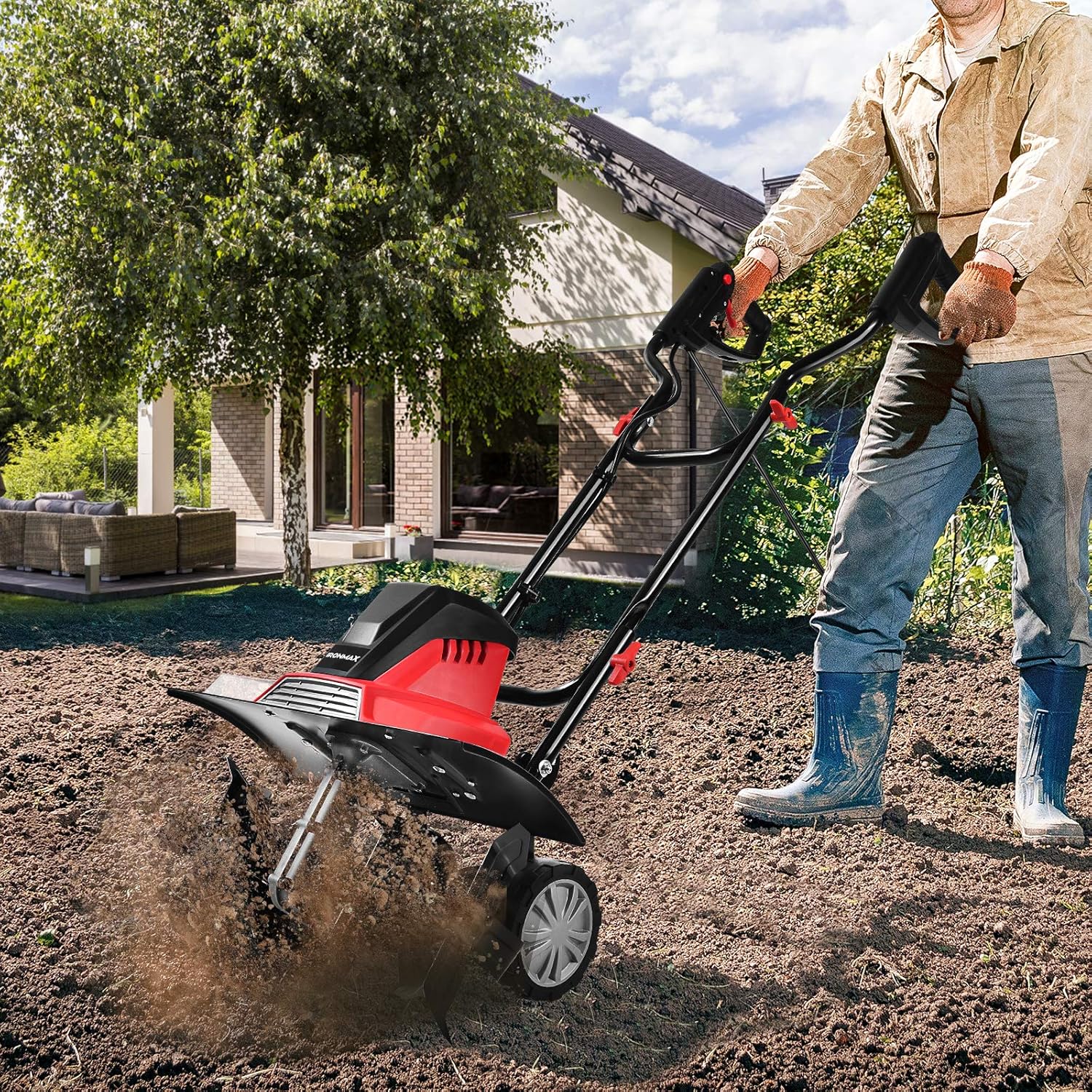 Zappatrice Elettrica Dissodatore Coltivatore per Giardino, Motozappa 230V, Rosso Nero (1500W, 45cm) - 9