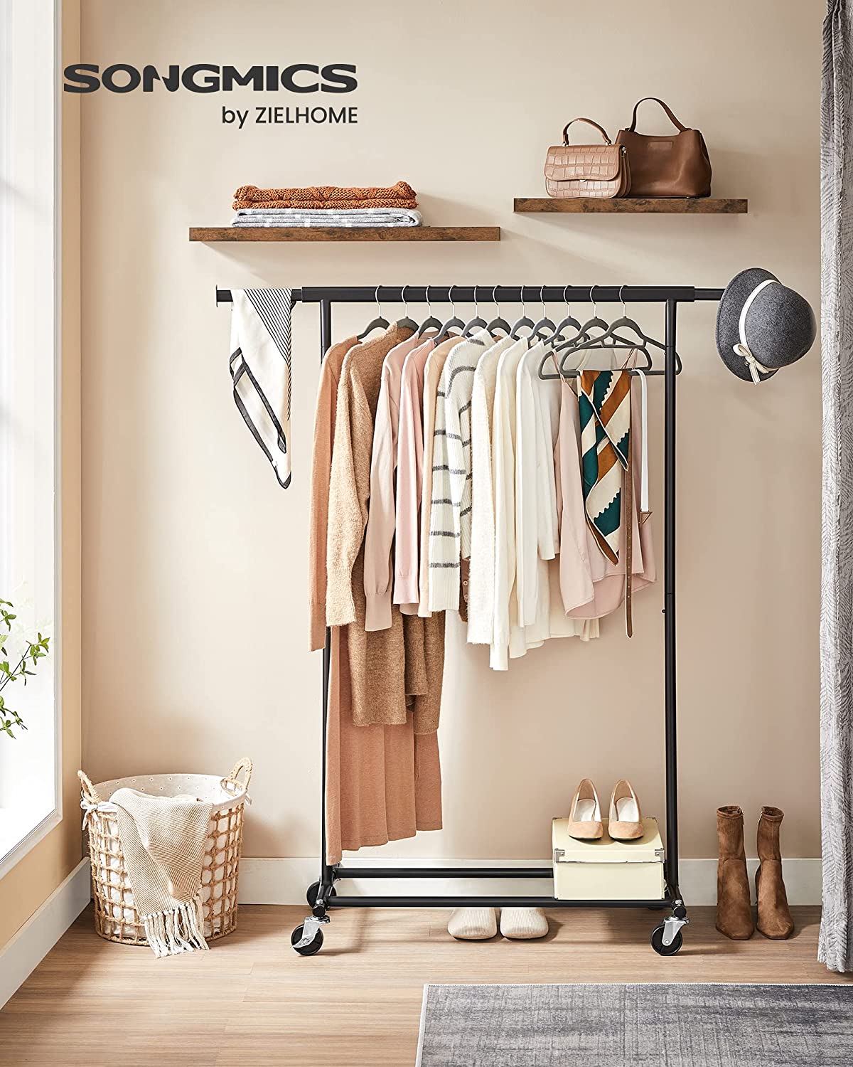 SONGMICS Portant à Vêtements avec Roulettes, Lot de 2, Tringle Extensible pour Charge Lourde, Porte-manteau, Rangement, Capacité de Charge 90 kg, Noir - 2