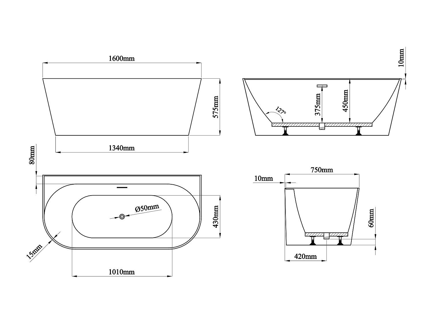 Bañera semi exenta - 230 L - 160 x 75 x 58 cm - Blanco mate - Acrílico - AMOBIA - 5