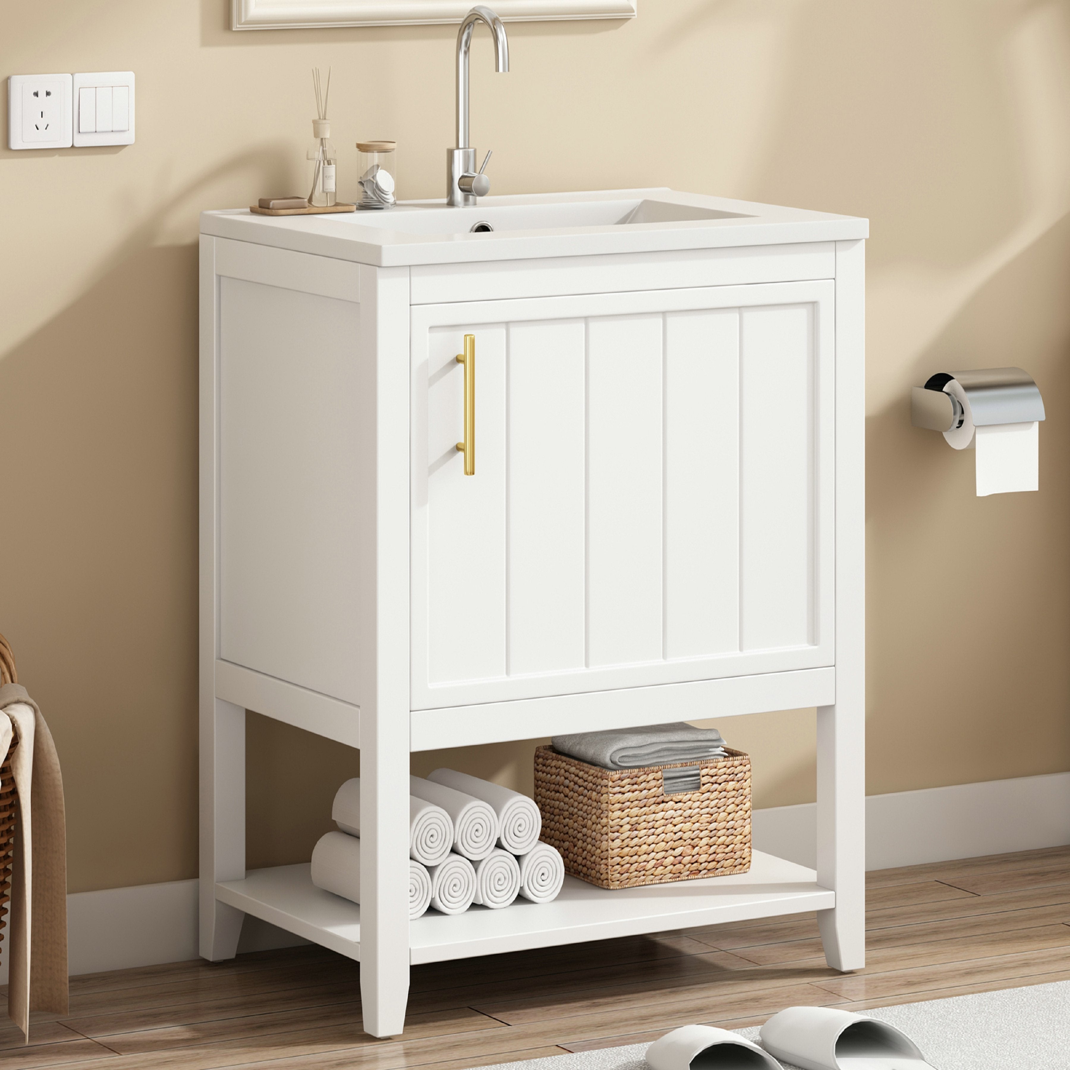 Meuble de salle de bains vasque simple, meuble-lavabo 60 cm avec vasque en céramique et étagère, blanc - 3