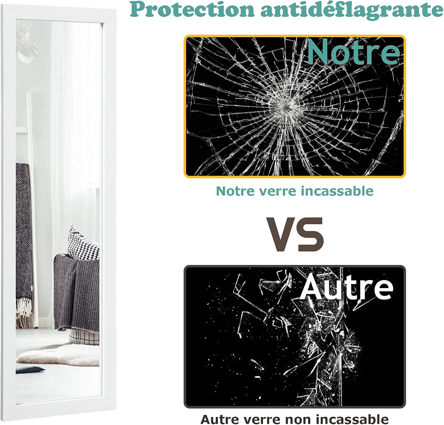 Miroir Pleine Longueur Avec LED Et Cadre Blanc MDF - 120x37 Cm - Pour Porte Ou Mur