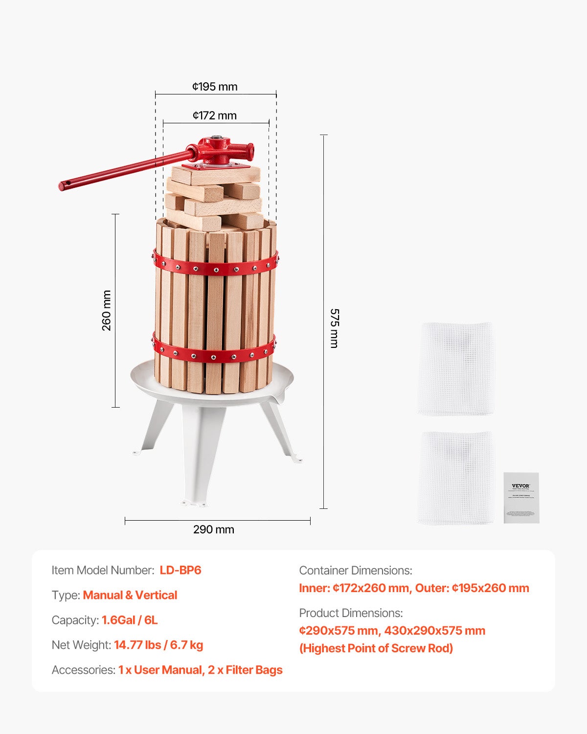 Prensa de Frutas e Vinho VEVOR 1,6 Gal/6L,Cesta de Madeira Maciça com 8 Blocos,Prensa Manual Robusta,para Sidra,Maçã,Uva,Casa - 7