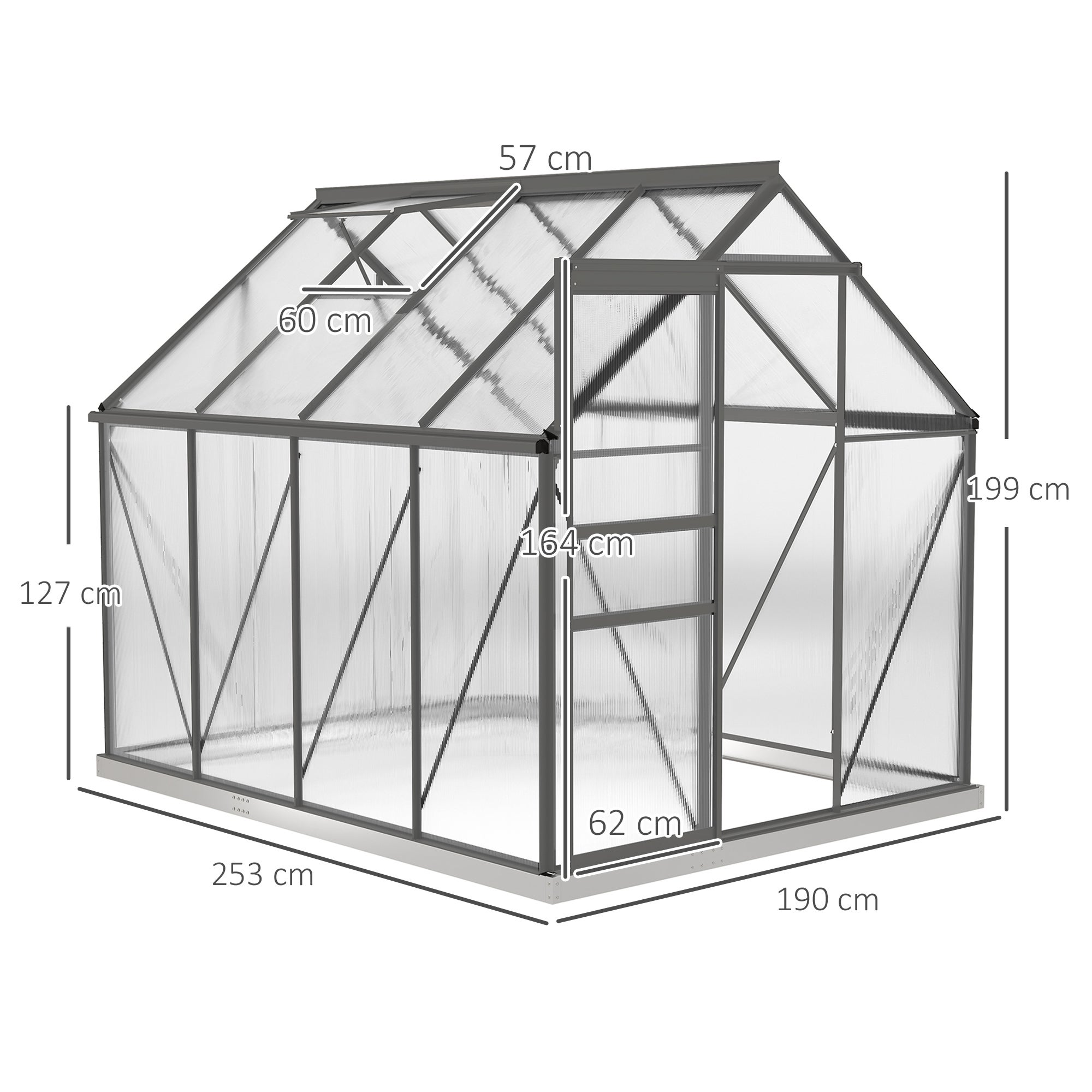 Serre de jardin - Outsunny - 4,8 m² - avec fondation lucarne réglable porte coulissante - polycarbonate 1,9x2,53x1,99m transparent - 3