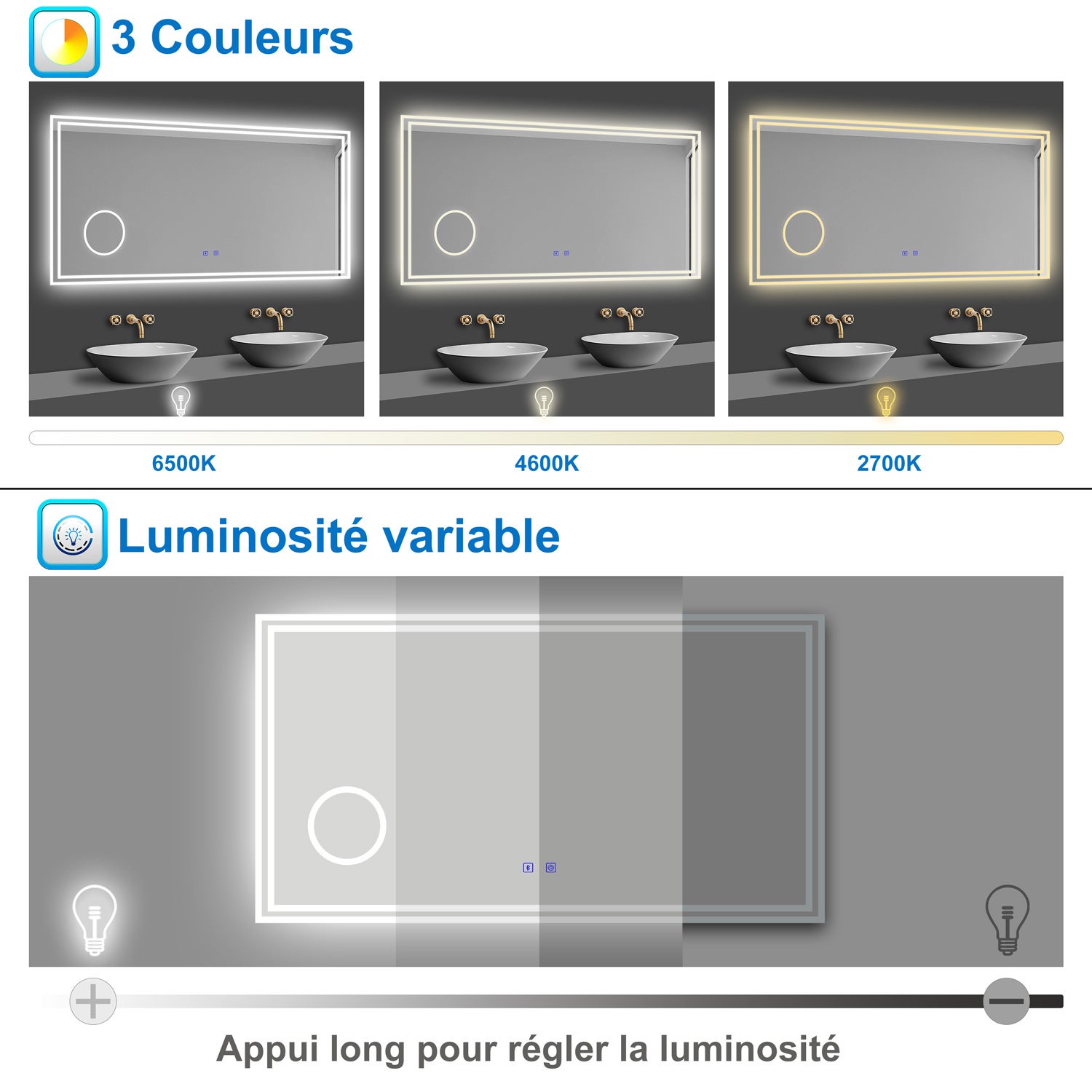 AICA Miroir lumineux 80 x 60cm, bluetooth + 3 couleurs + dimmable + grossissant + anti-buée + mémoire, miroir salle de bain mural - 4