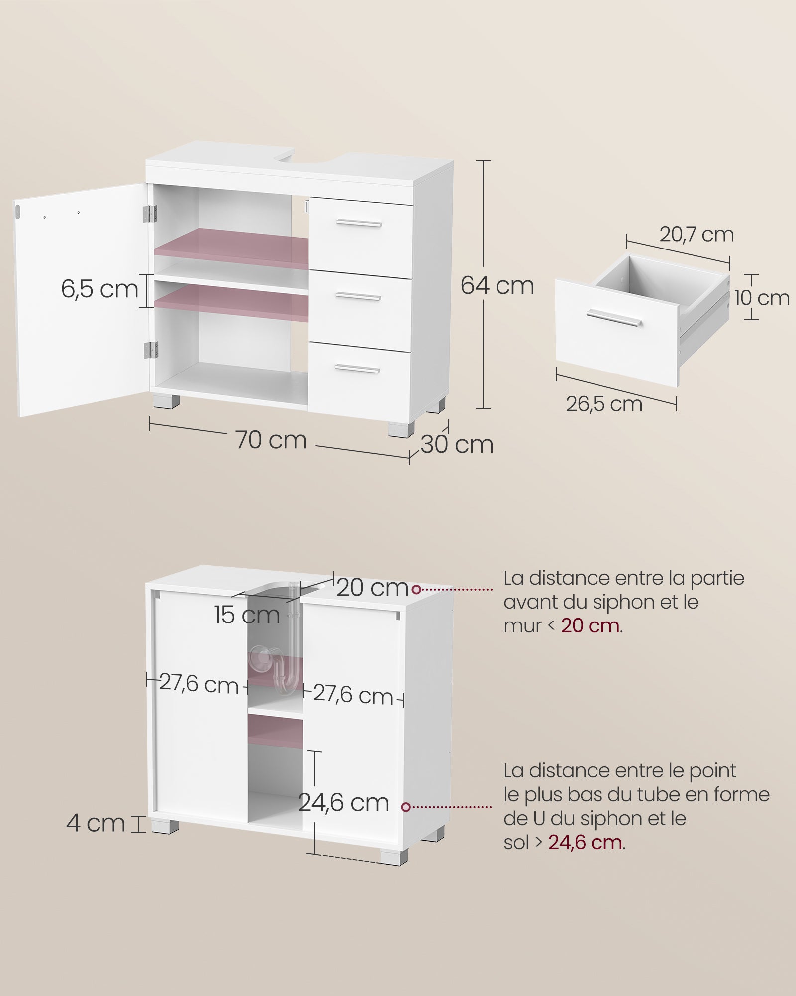 Meuble Sous Lavabo, 3 Grands Tiroirs, 2 Compartiments Derrière Porte, 70 x 30 x 64 Cm, Blanc - 5
