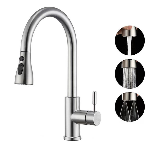 Robinet Cuisine avec Douchette Extensible Mitigeur - Rabattable Mitigeur Robinet Evier de Cuisine avec 3Douchette Modes, 360° Robinet Cuisine