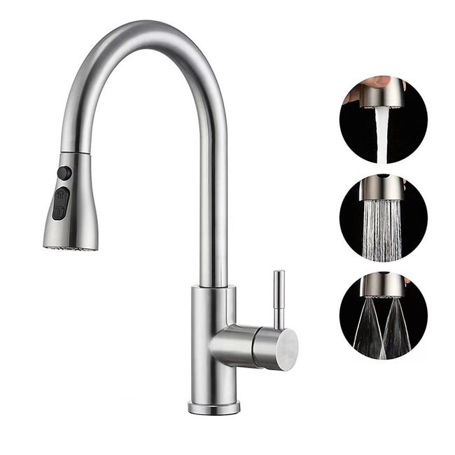 Douchette De Rechange Pour Robinet De Cuisine - 3 Modes Jet, Raccord 20.36mm, Nickel Brossé