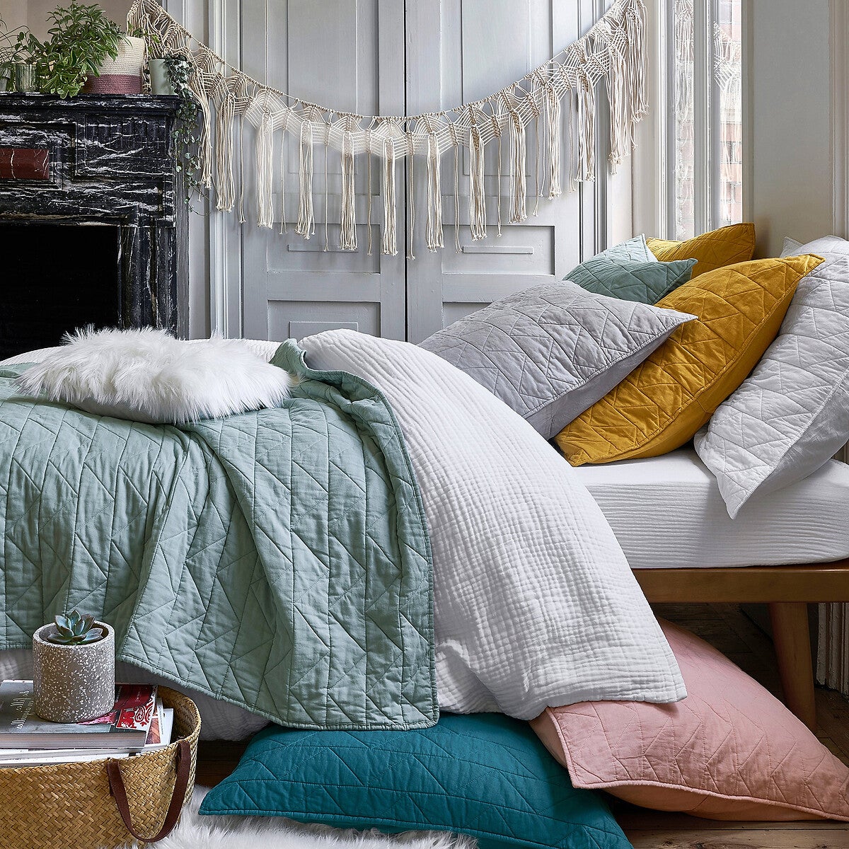 Couvre lit boutis matelassé coton Zig Zag Scenario - Céladon - 150 x 150 cm - 7