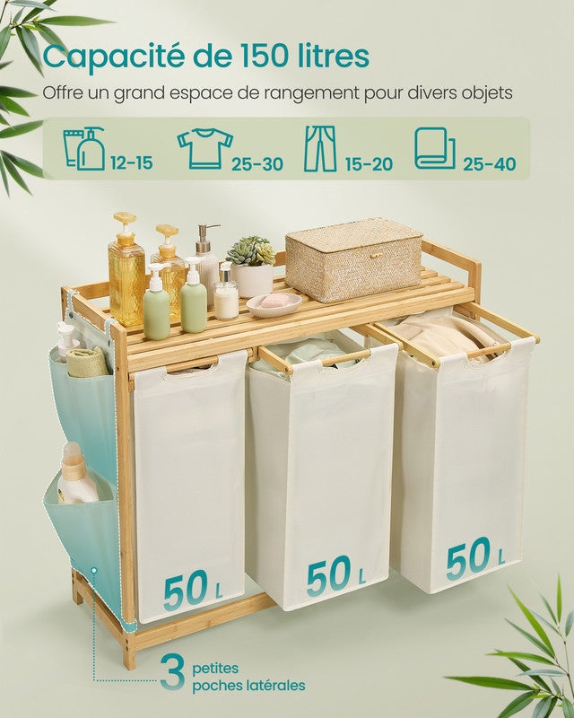 Panier à Linge, avec 3 Compartiments, Corbeille à Linge Sale, Capacité de 150 Litres, avec Étagère, 3 x 50 L, 94 x 33 x 78 cm, Blanc Crème - 3