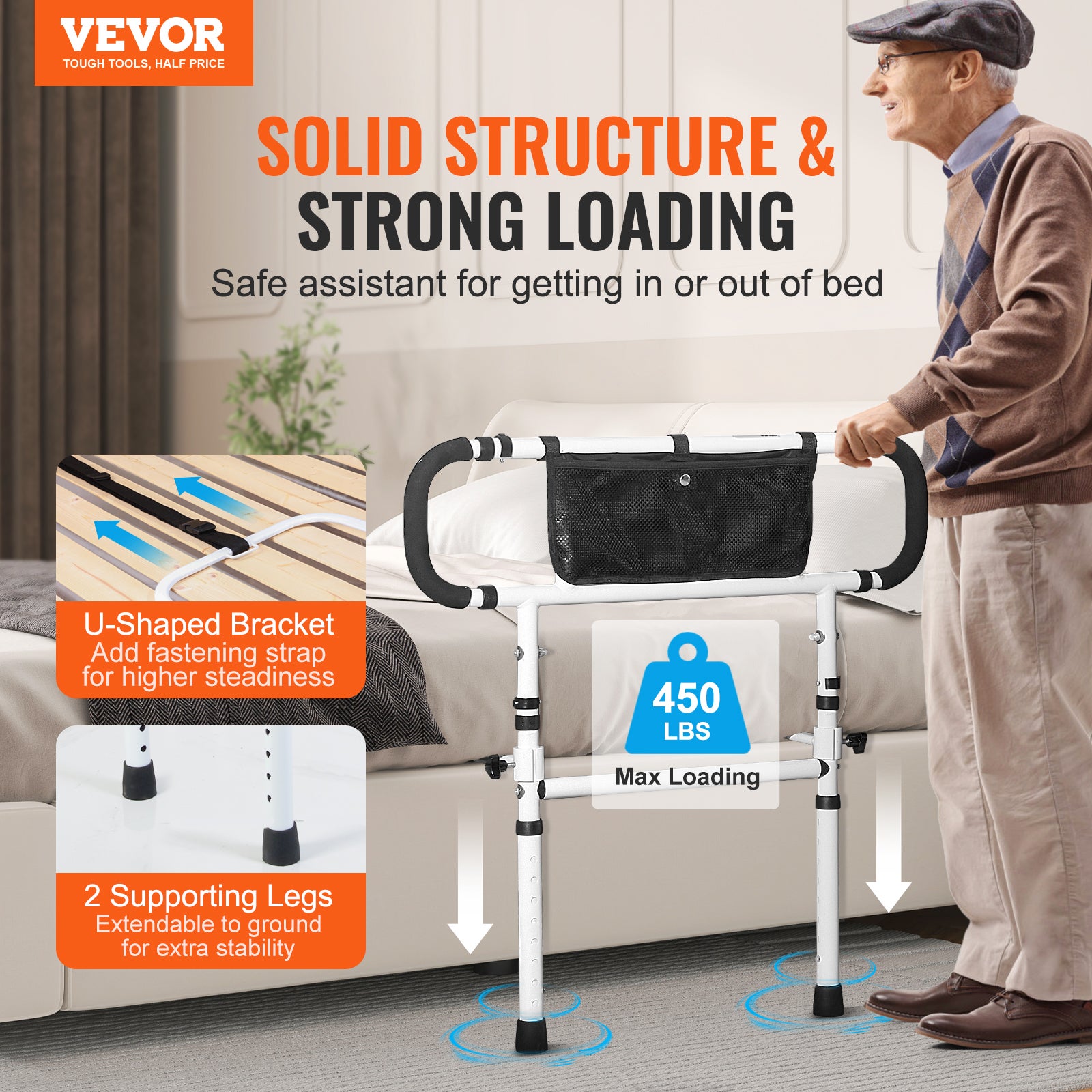 Barrière de Lit VEVOR pour Adultes Personnes Âgées Pliable 180° Rail de Lit d'Assistance Protection Latérale Charge 204kg Poignée Réglable à 4 Niveaux - 2