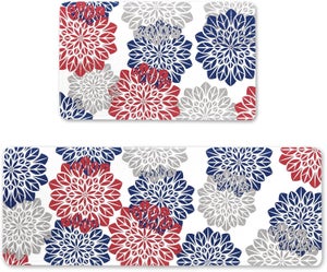 Lot De 2 Tapis De Cuisine Antidérapants Anti-Fatigue - Fleur Abstraite Rouge 45x70 + 45x120 Cm, Lavables