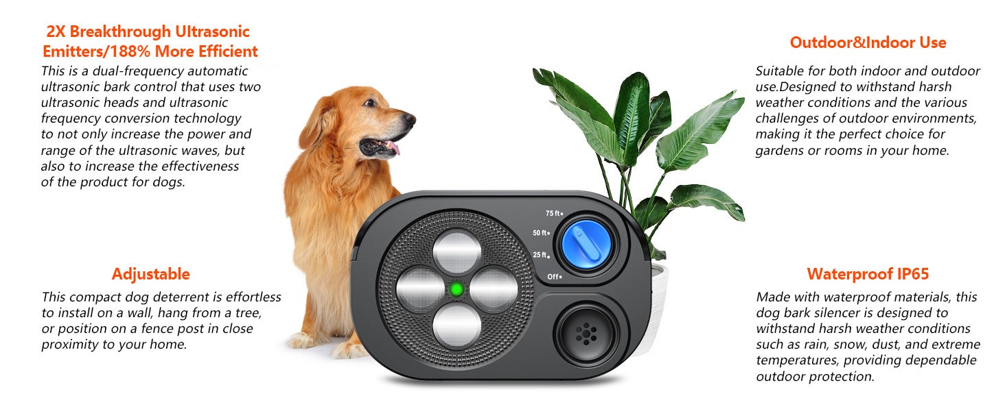 Repelente ultrasónico automático para perros, resistente al agua (IP65),3 niveles de alcance, recargable por USB, para uso en interiores y exteriores. - 6