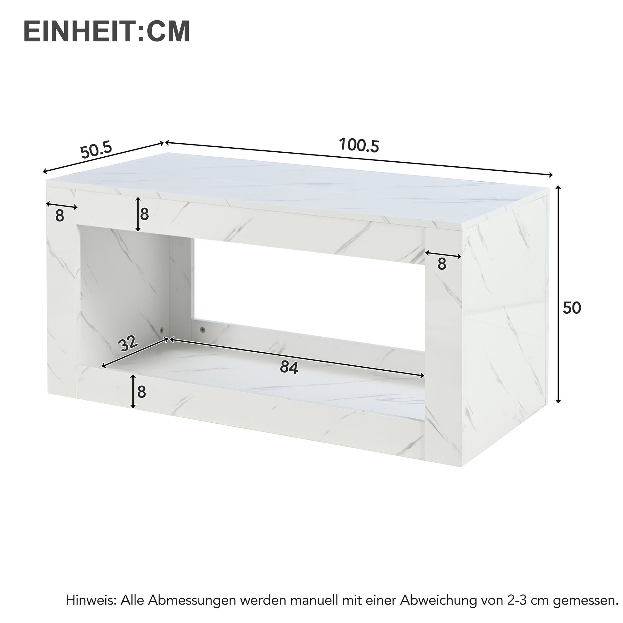 Stolik kawowy z otwartą przegrodą - 100 x 50 x 50 cm - Płyta wiórowa - Diody LED - Wzór marmurowy - Biały - 7