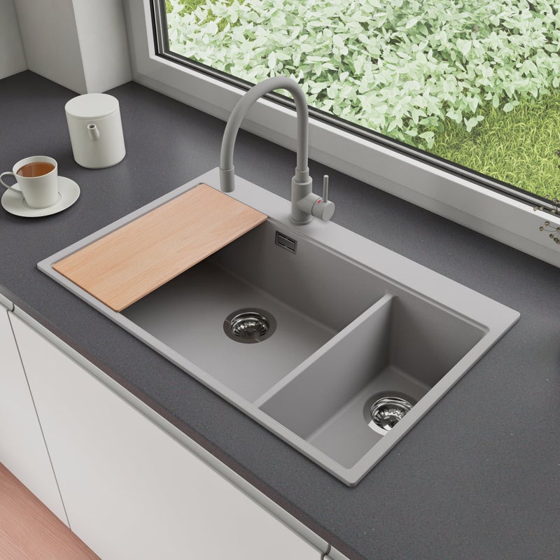 Zlewozmywak Granitowy 78x50cm, do szafki od 80cm + Bateria + Syfon + Deska - Rubin Szary STONESTYLE