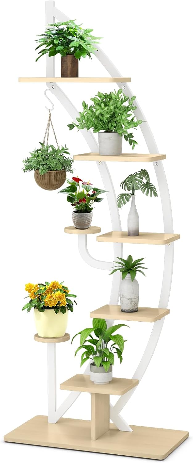 Support pour Plantes en Métal 7 Niveaux, étagère à Fleurs en Forme de Demi-lune avec Crochet, 60 x 30 x 155 CM,Blanc - 6
