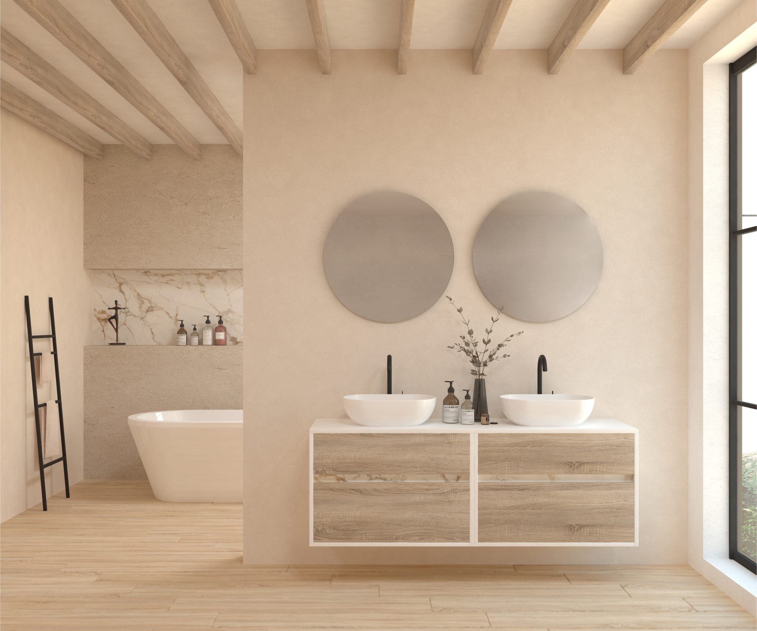 Emene pack con doble lavabo y doble espejo circular emboîté xtone calacatta - bardolino 160 cm