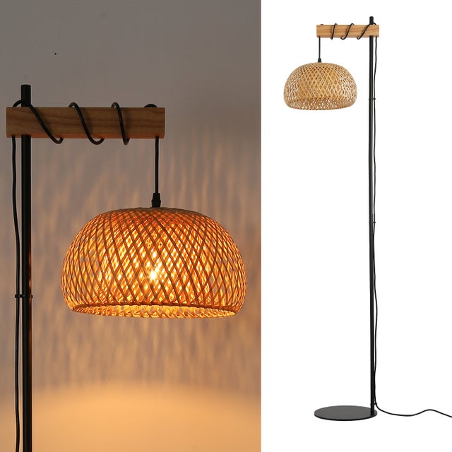 Lampe sur pied en bois et rotin avec abat-jour en bambou 
