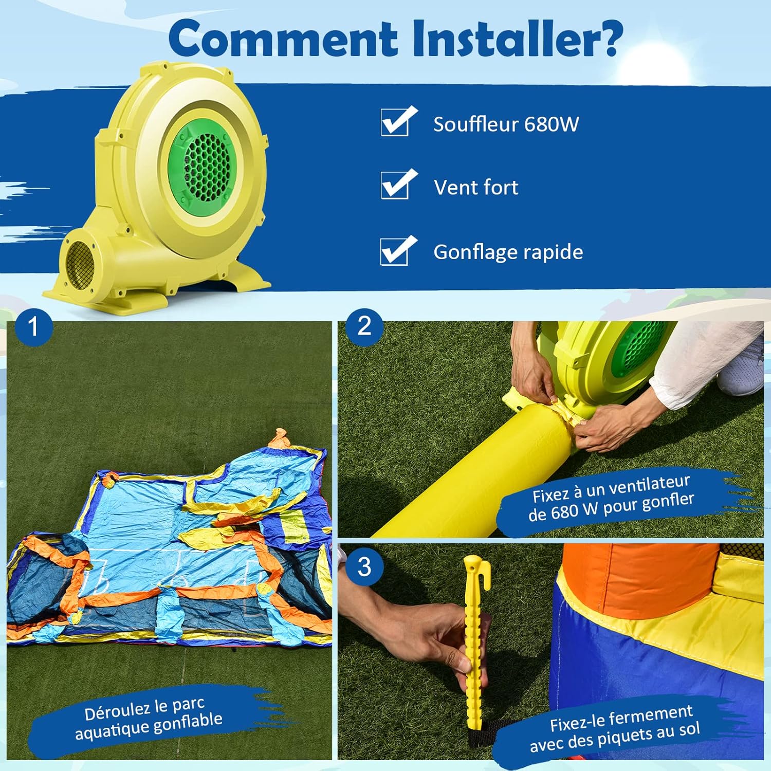Castelo Inflável com Soprador 680W, Escorrega Aquático, Parede de Escalada, Piscina, Campo de Futebol Jogo de Dardos para Crianças 3-12 Anos - 7