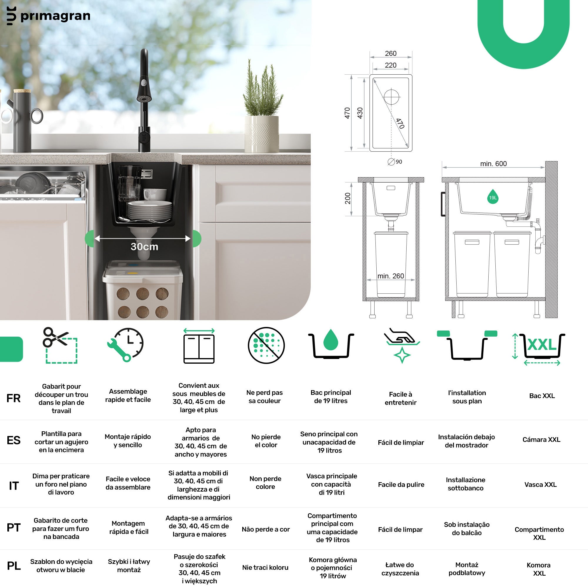 Lavandino sottotop Bianco 26x47cm, Lavello in Granito a 1 vasca + Sifone Classico + Accessori, Lavabo da Cucina al mobile 30cm - London PRIMAGRAN - 6