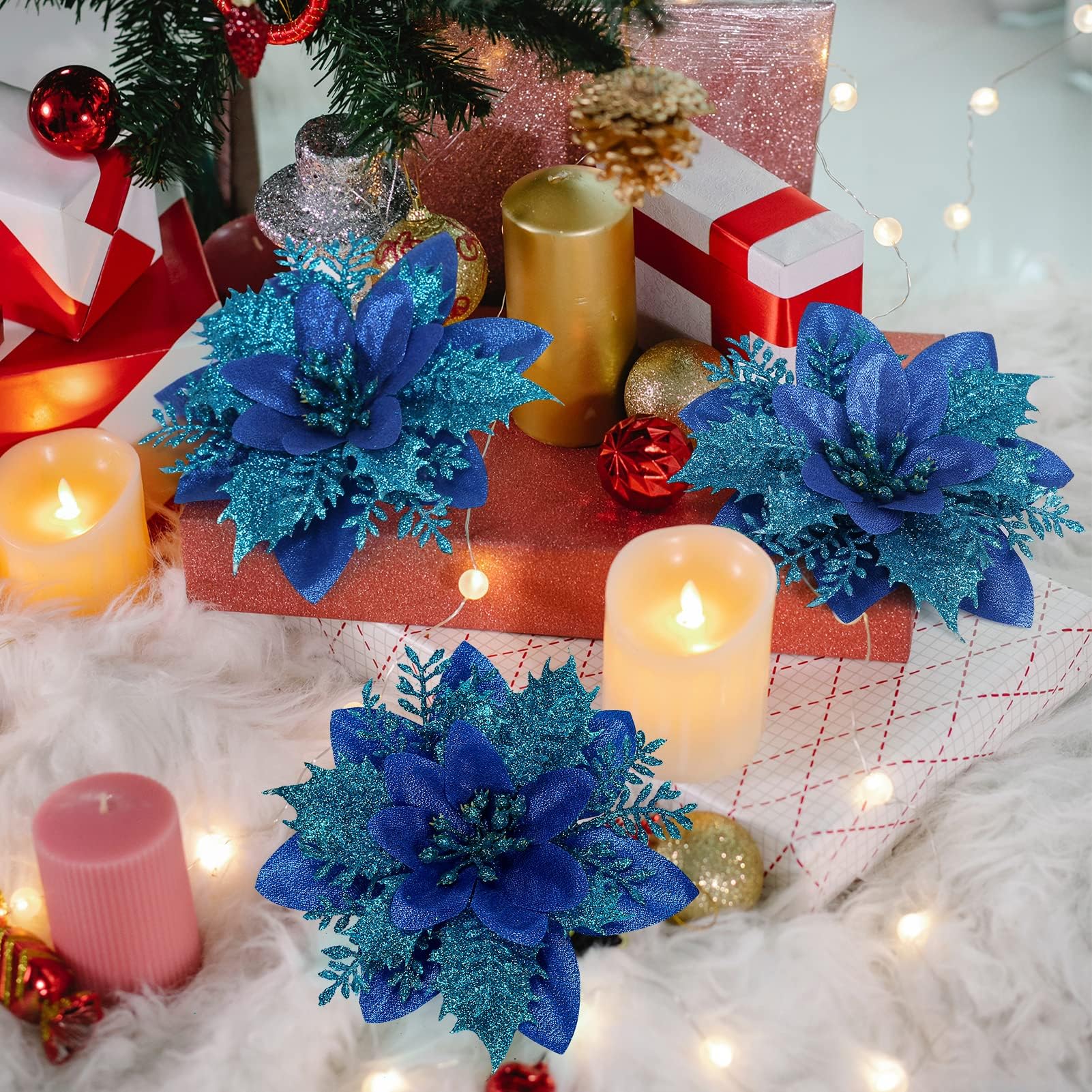 Lot de 10 décorations de Noël, fleurs artificielles scintillantes avec clips, décorations pour sapin de Noël, pendentifs de fleurs artificielles - 7