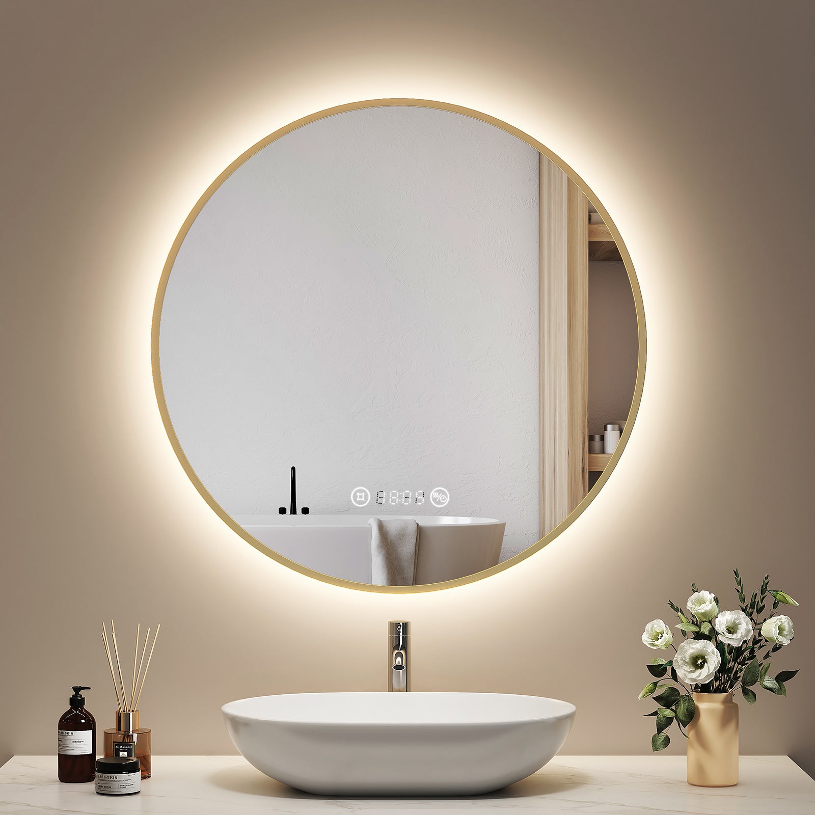 EMKE Okrągłe Lustro łazienkowe z oświetleniem LED 70 cm, z 4300K, możliwość ściemniania, przeciwmgielne, funkcja pamięci, Szczotkowane złoto