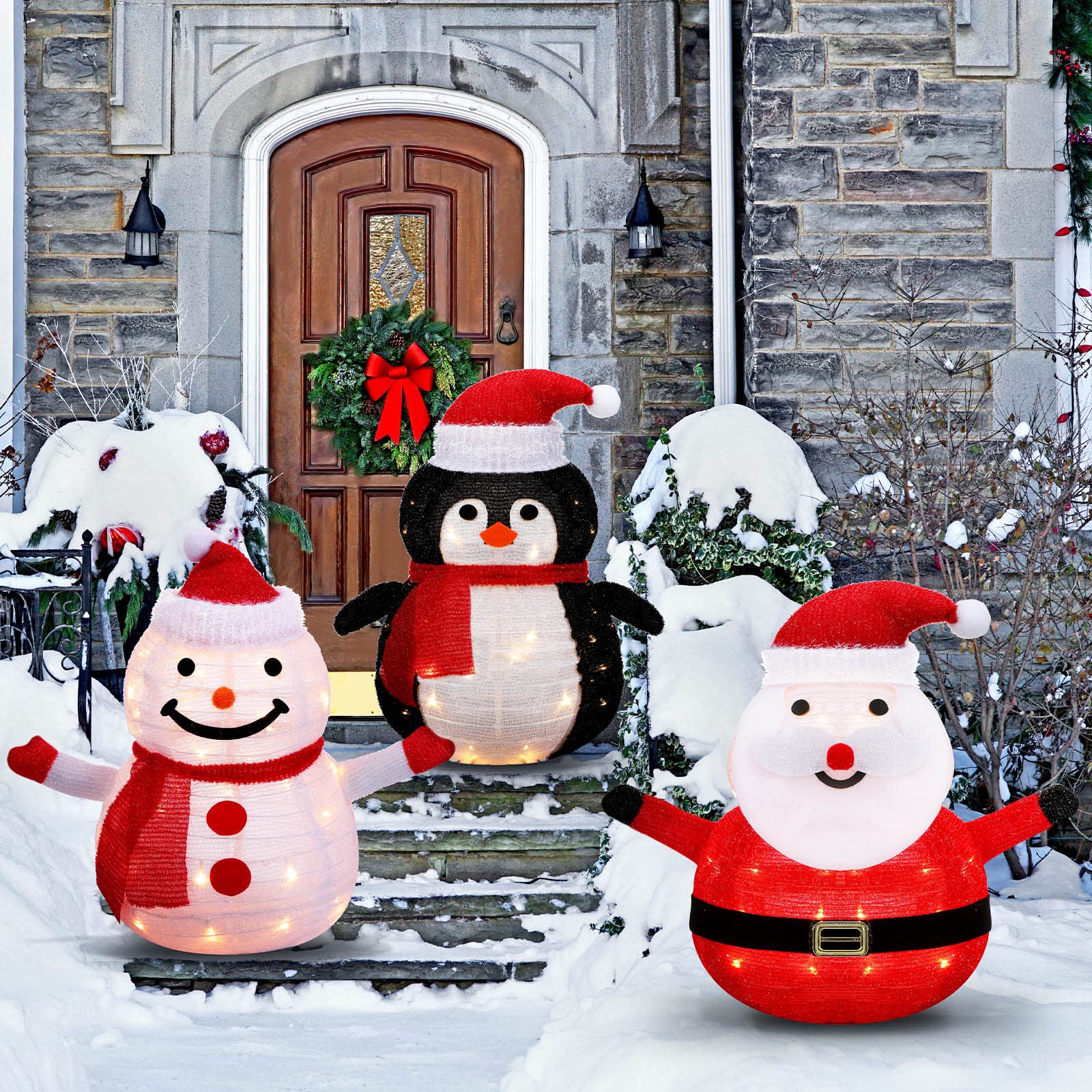 Décorations extérieures de Noël éclairées Bonhomme de neige pliable avec lumières LED, décor de vacances de Noël pré-éclairé pour jardin de cour - 3