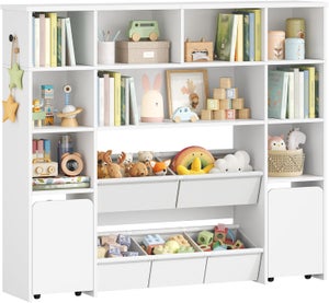 Libreria Per Bambini Hzuaneri – 4 Ripiani, 2 Cassetti Su Ruote E 5 Cestini, 30x140x120 Cm, Bianco