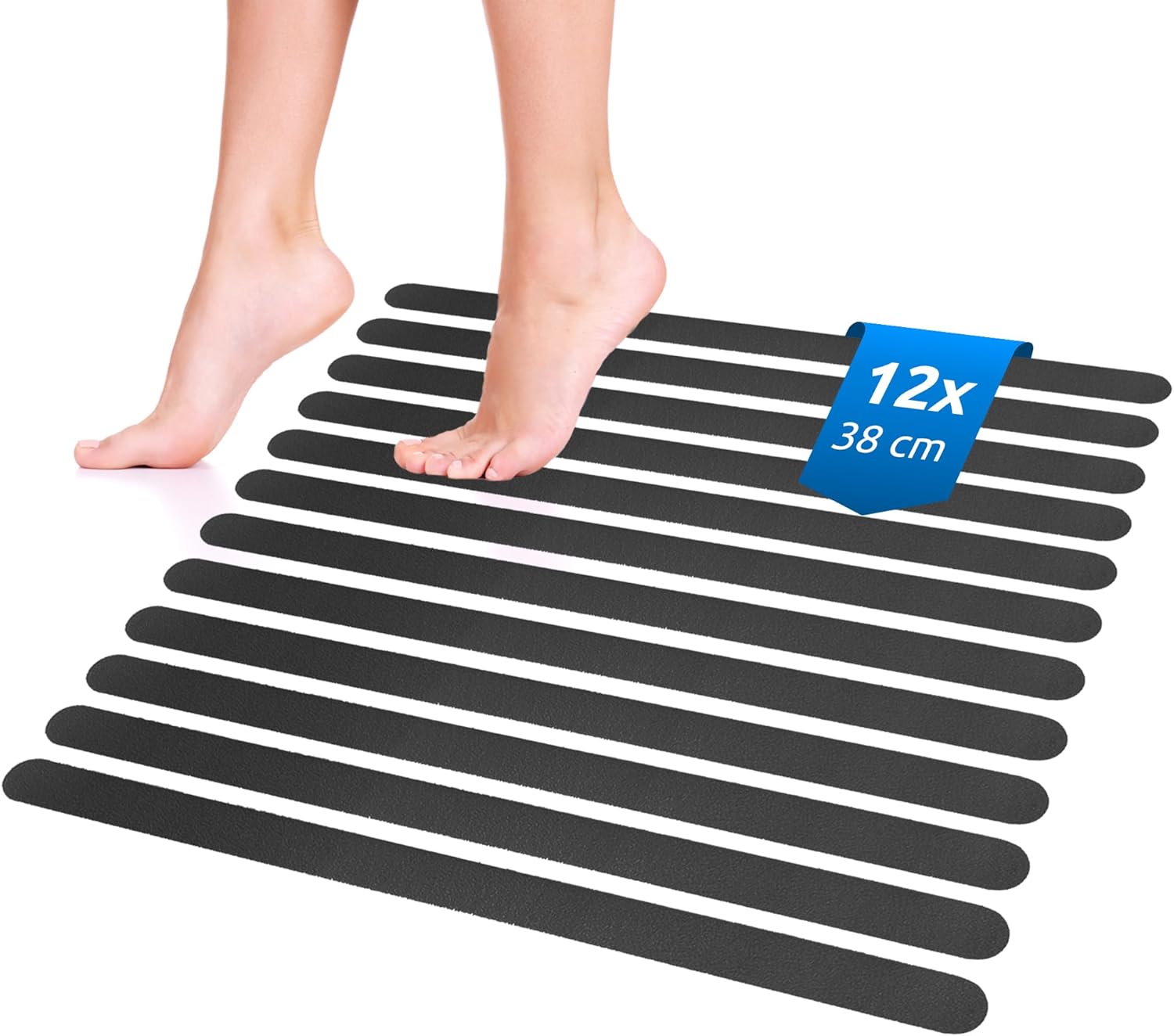 Naklejki antypoślizgowe do wanny, zestaw 12 sztuk, czarne paski zabezpieczające do wanny, antypoślizgowa mata prysznicowa 2 x 38 cm
