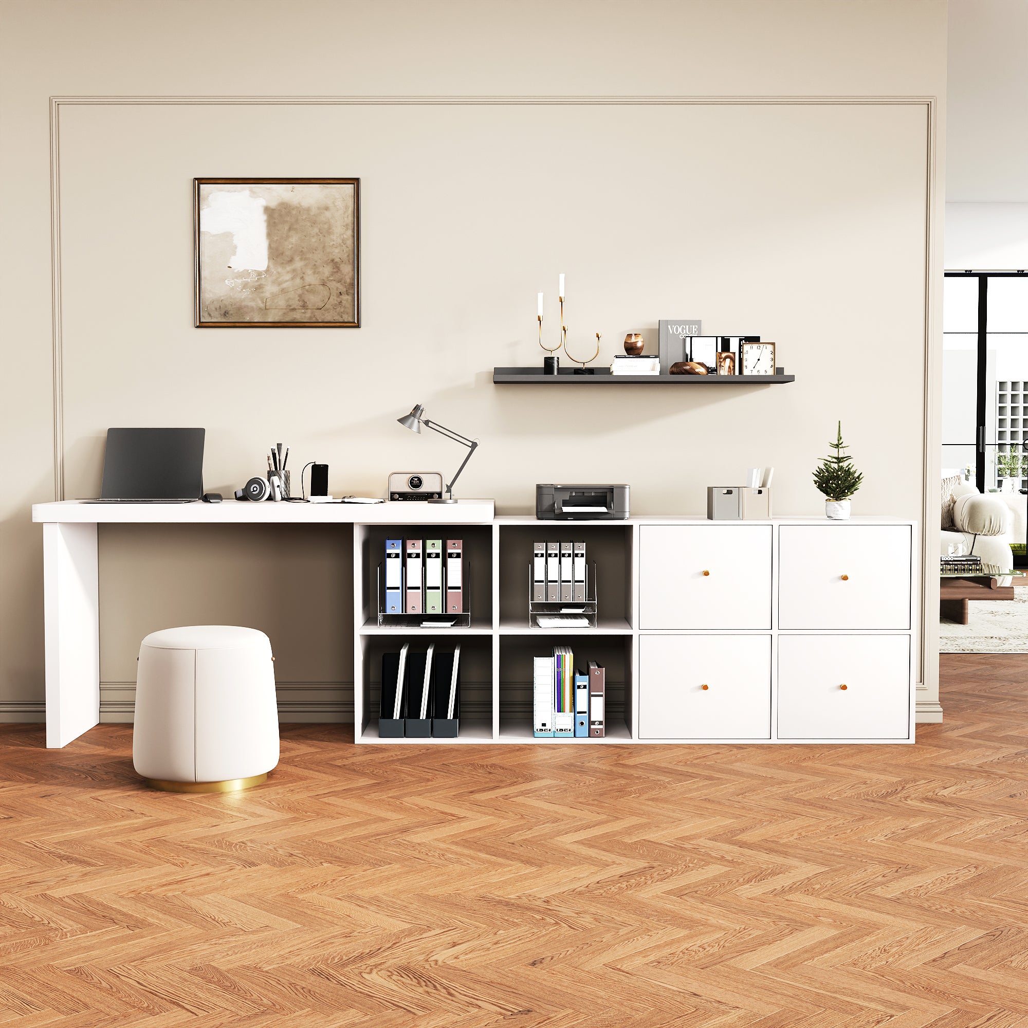 Bureau d'angle pivotant avec 4 compartiments et 4 tiroirs - 120 x 48 x 78 cm + 140 x 35 x 74  cm - MDF - Blanc - 2