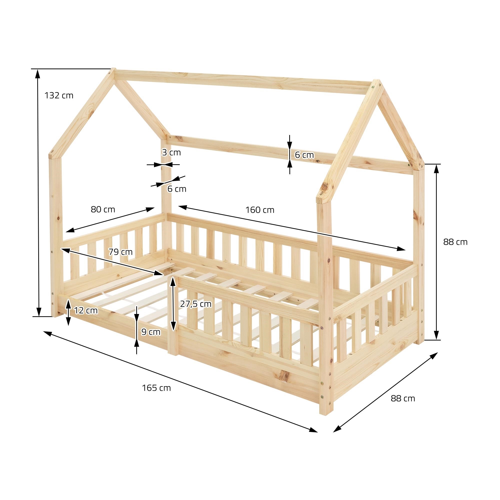 ML-Design Lettino per bambini a forma di casa 80x160 cm con tetto e rete a doghe, protezione anticaduta, legno di pino naturale, letto cameretta bimbi - 5