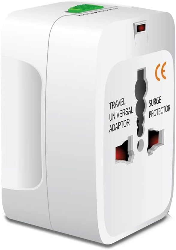 Uniwersalny adapter podróżny, wiele gniazd kompatybilnych z Europą, USA, Wielką Brytanią i Australią – kompaktowy i praktyczny.