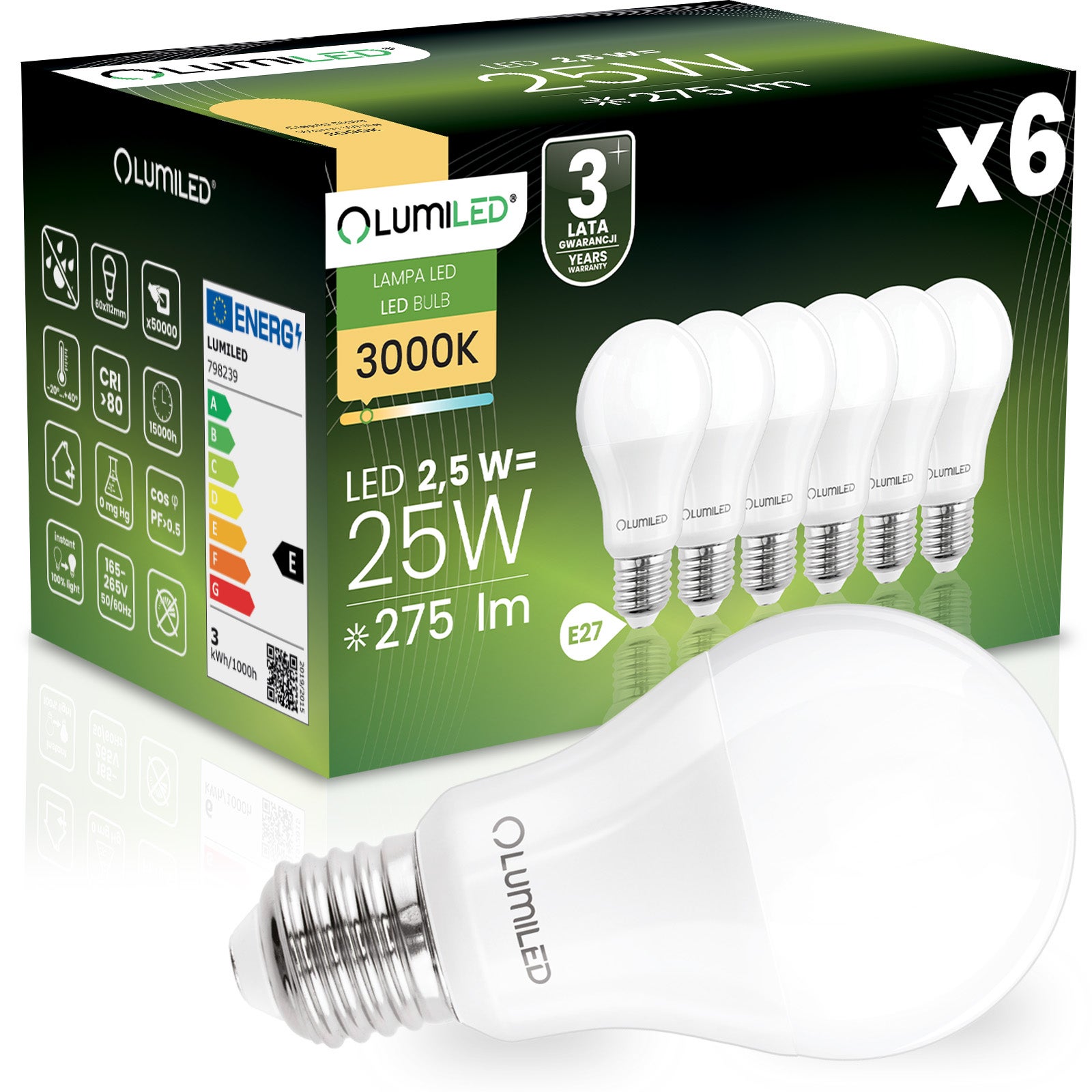 Żarówka LED Lumiled E27 A60 2.5W 275lm 3000K Ciepła biel 260st 6 szt.
