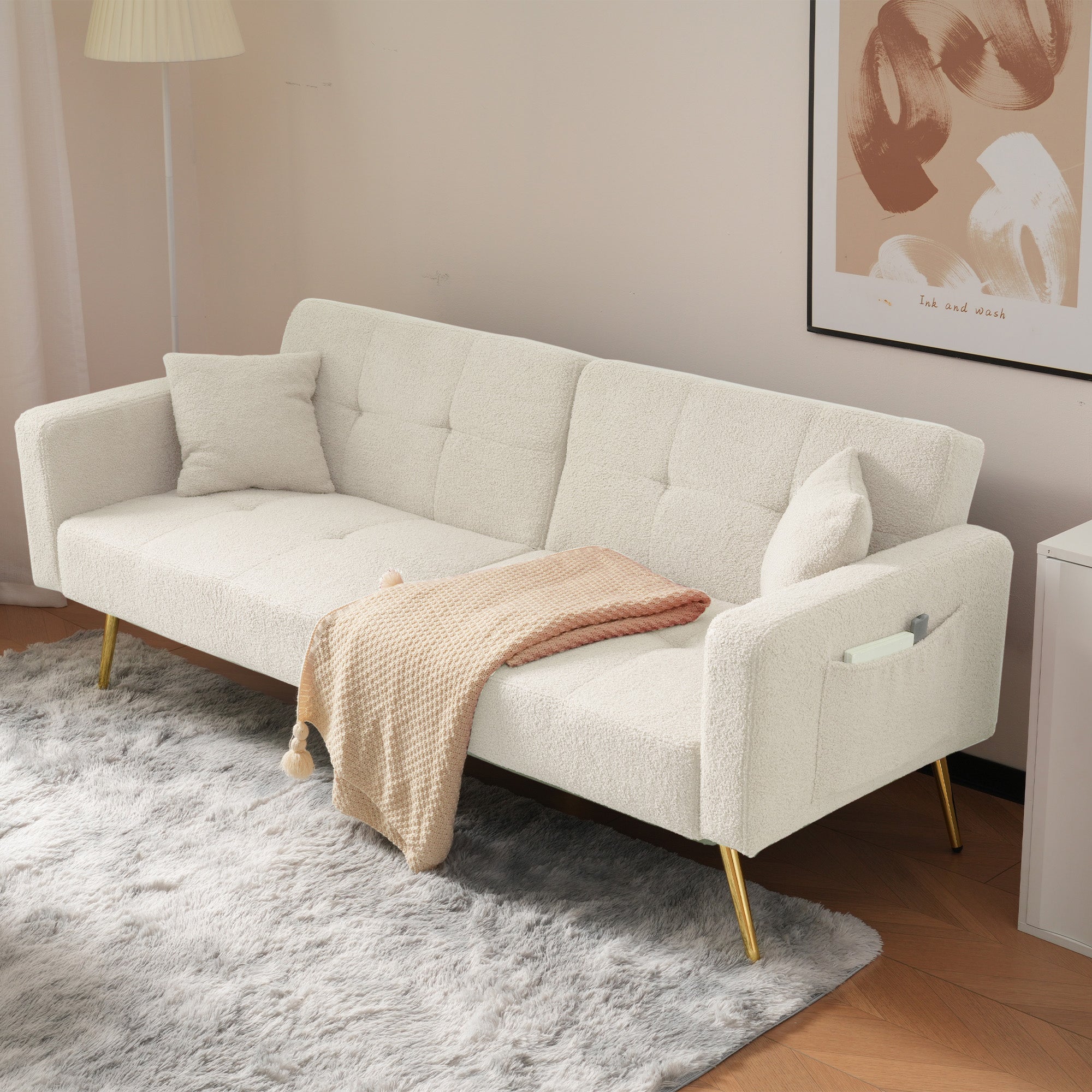 Sofa rozkładana z regulowanym oparciem - 2 miejsca - tkanina frotte - biała