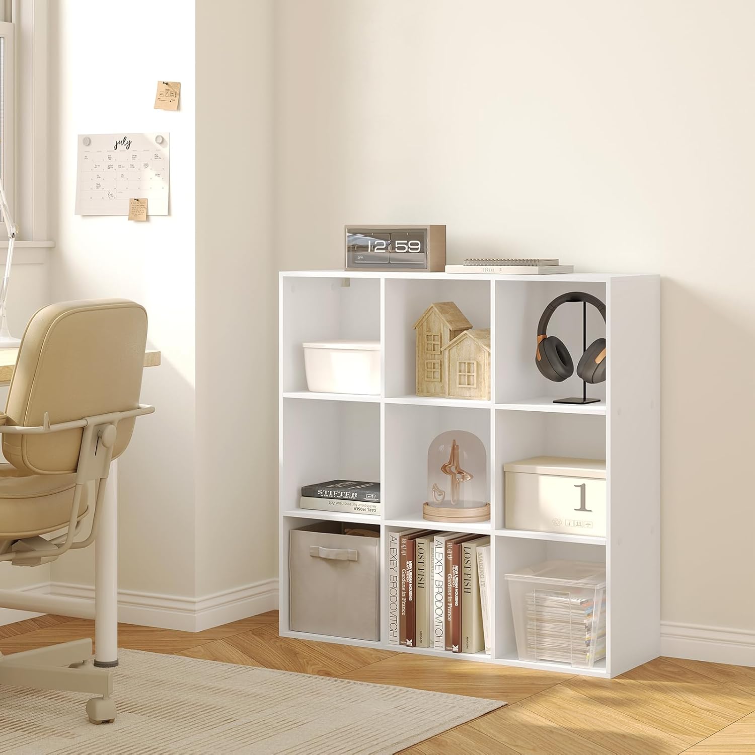 Meuble De Rangement Étagère WOLTU 90x30x100 Cm - 4 Cubes Ouverts + 5 Tiroirs Tissu - Blanc, Pour Salon, Bureau, Chambre - Assemblage Facile Panneaux Particules E1 Cadre Métal Stable